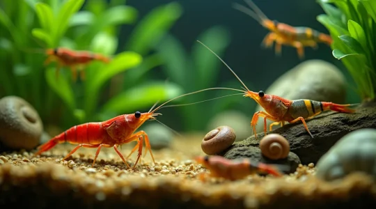 Vue macro d'un aquarium d'eau douce avec crevettes, escargots et écrevisses colorés parmi des plantes aquatiques