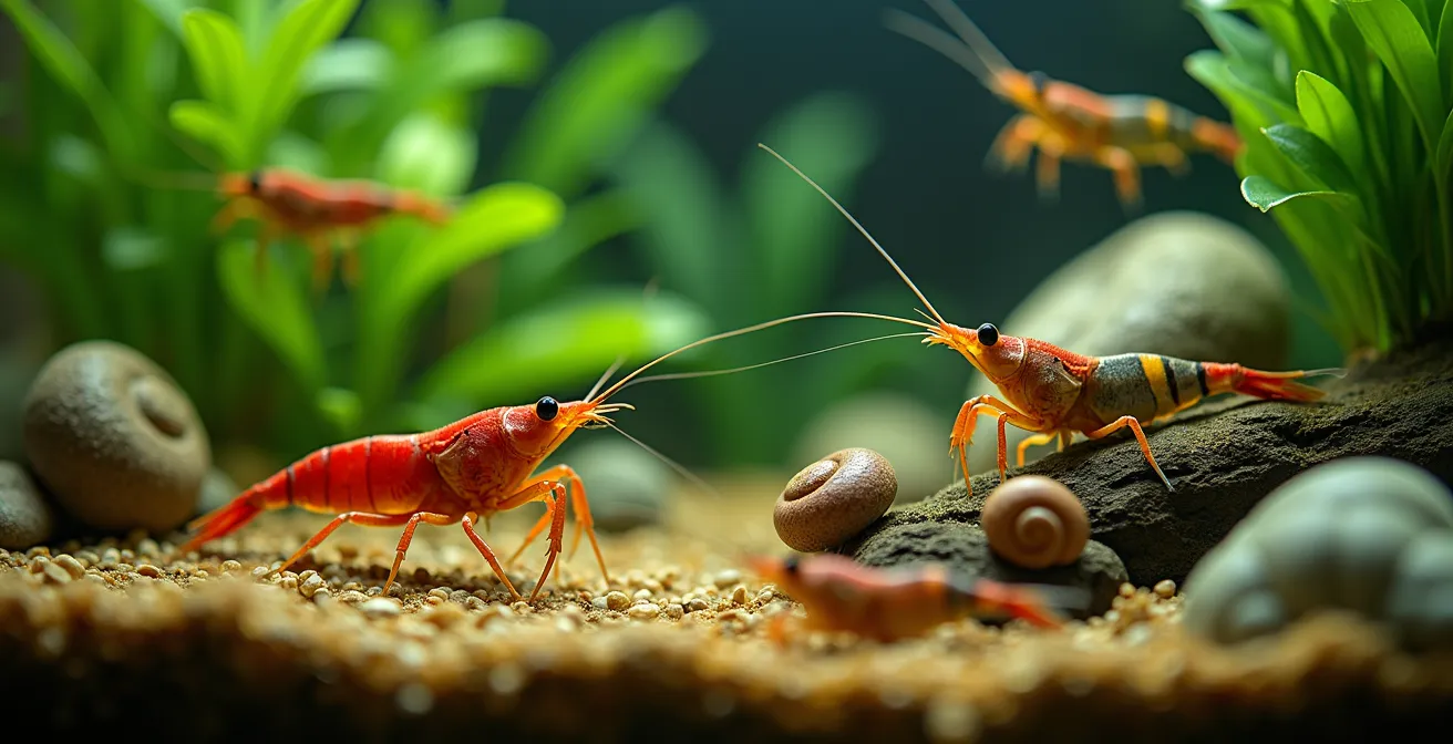 Vue macro d'un aquarium d'eau douce avec crevettes, escargots et écrevisses colorés parmi des plantes aquatiques