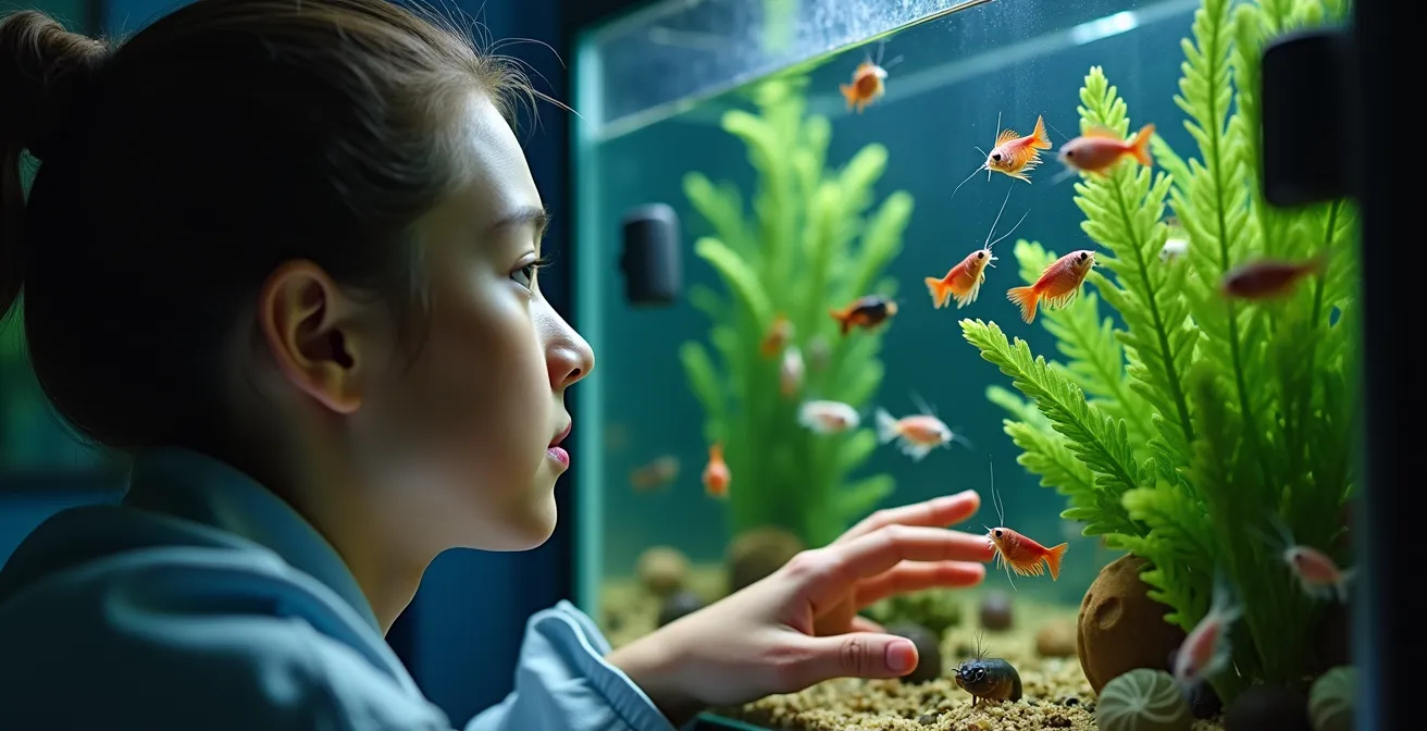 Illustration symbolique montrant un aquariophile observant attentivement un aquarium d'invertébrés