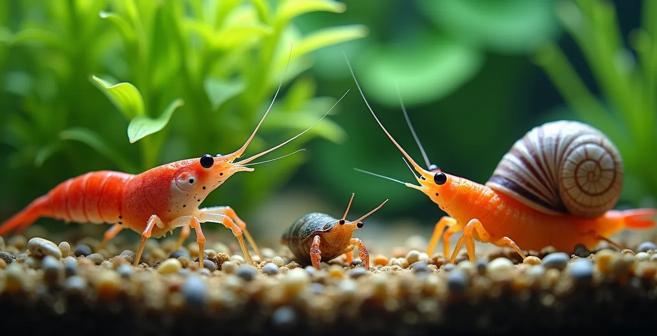 Illustration montrant les espèces de crevettes, escargots et écrevisses adaptées aux débutants