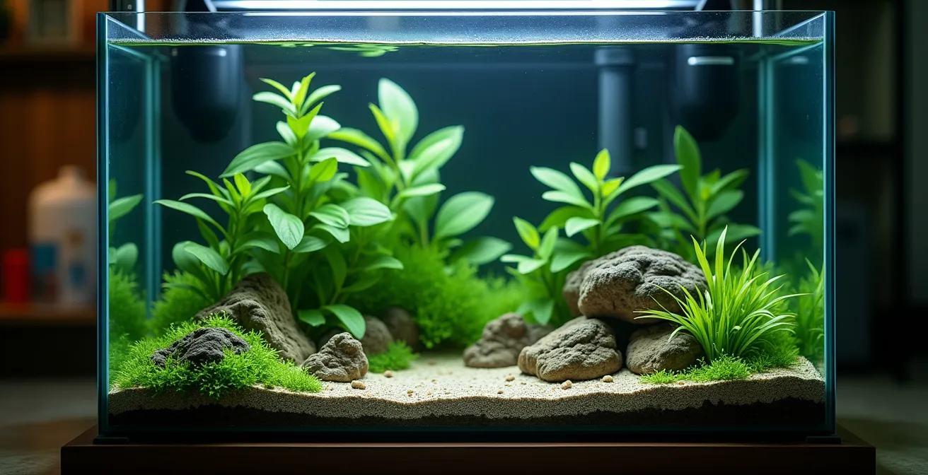 Installation d’aquarium avec filtration et éléments adaptés pour invertébrés d'eau douce