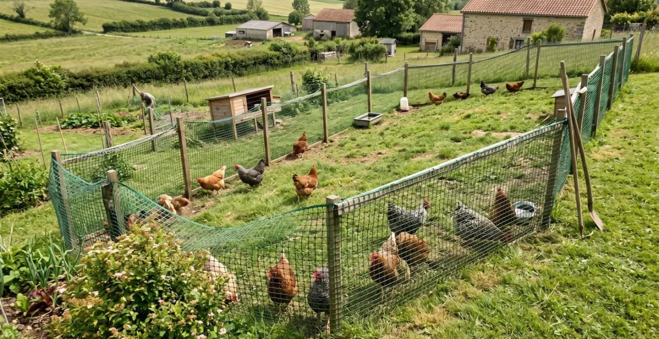 Enclos mobile à poules avec filet souple épousant les irrégularités d'un terrain en pente dans un jardin français