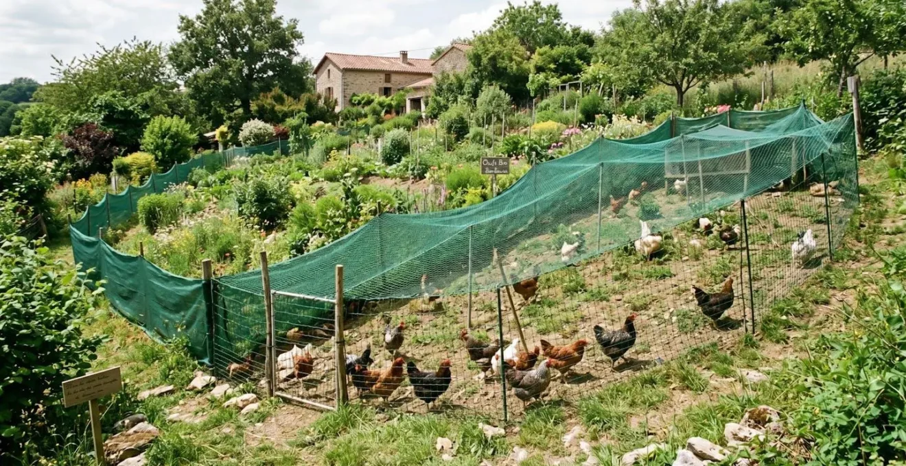 Enclos mobile à poules avec filet souple épousant les irrégularités d'un terrain en pente dans un jardin français