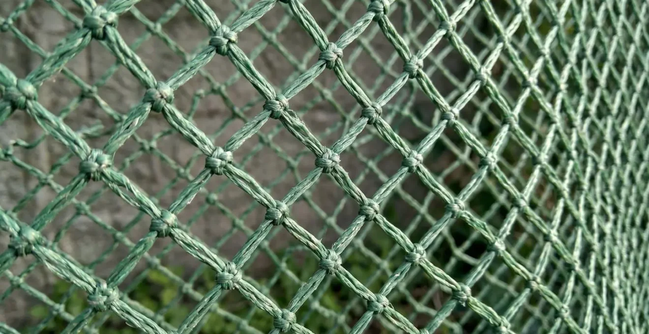 Gros plan sur la maille tressée en nylon vert d'un filet à poules montrant la finesse du tissage