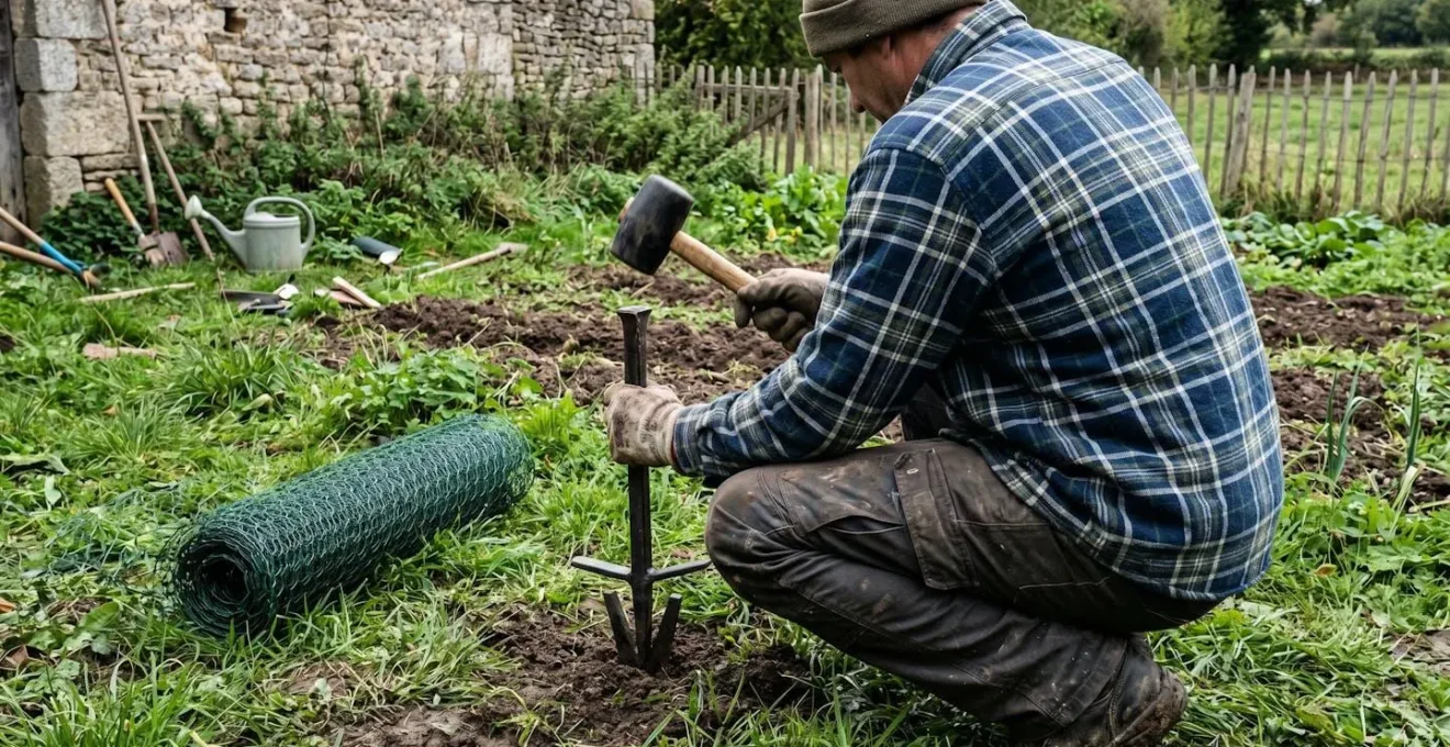Personne vue de dos enfonçant un piquet à double pointe dans le sol d'un jardin pour fixer un filet à poules