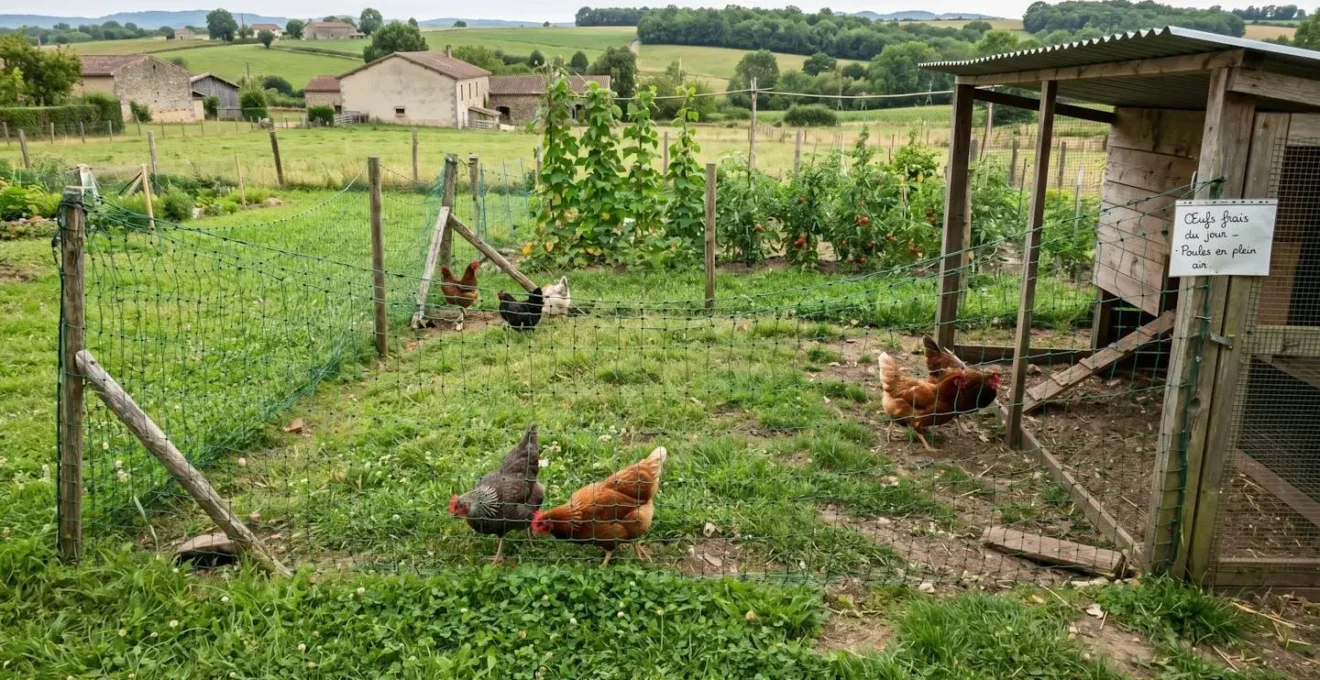 Poulailler domestique sécurisé par un filet vert dans un jardin de campagne française, plusieurs poules à l'intérieur de l'enclos protégé