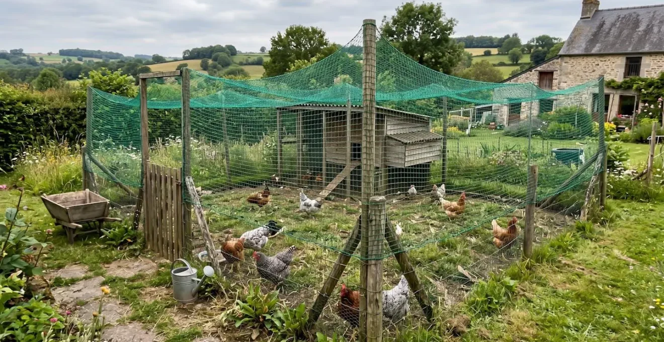 Poulailler domestique sécurisé par un filet vert dans un jardin de campagne française, plusieurs poules à l'intérieur de l'enclos protégé