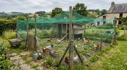 Poulailler domestique sécurisé par un filet vert dans un jardin de campagne française, plusieurs poules à l'intérieur de l'enclos protégé