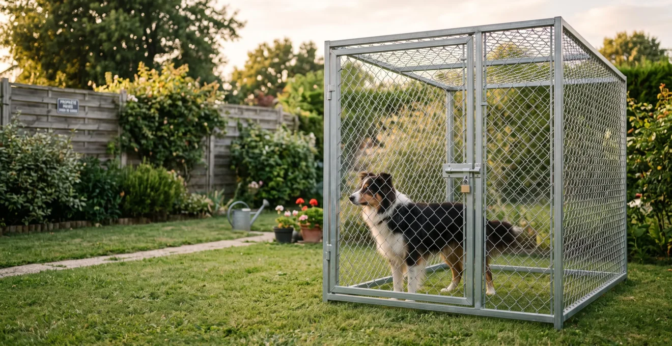 Chenil extérieur en acier galvanisé installé dans un jardin pavillonnaire français, avec un Border Collie tricolore debout à l'intérieur regardant vers l'extérieur à travers la maille, lumière dorée de fin d'après-midi, clôture en bois et végétation en arrière-plan