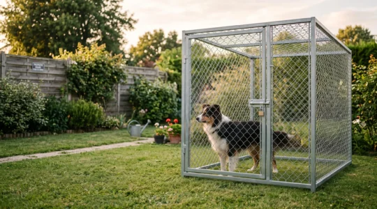 Chenil extérieur en acier galvanisé installé dans un jardin pavillonnaire français, avec un Border Collie tricolore debout à l'intérieur regardant vers l'extérieur à travers la maille, lumière dorée de fin d'après-midi, clôture en bois et végétation en arrière-plan