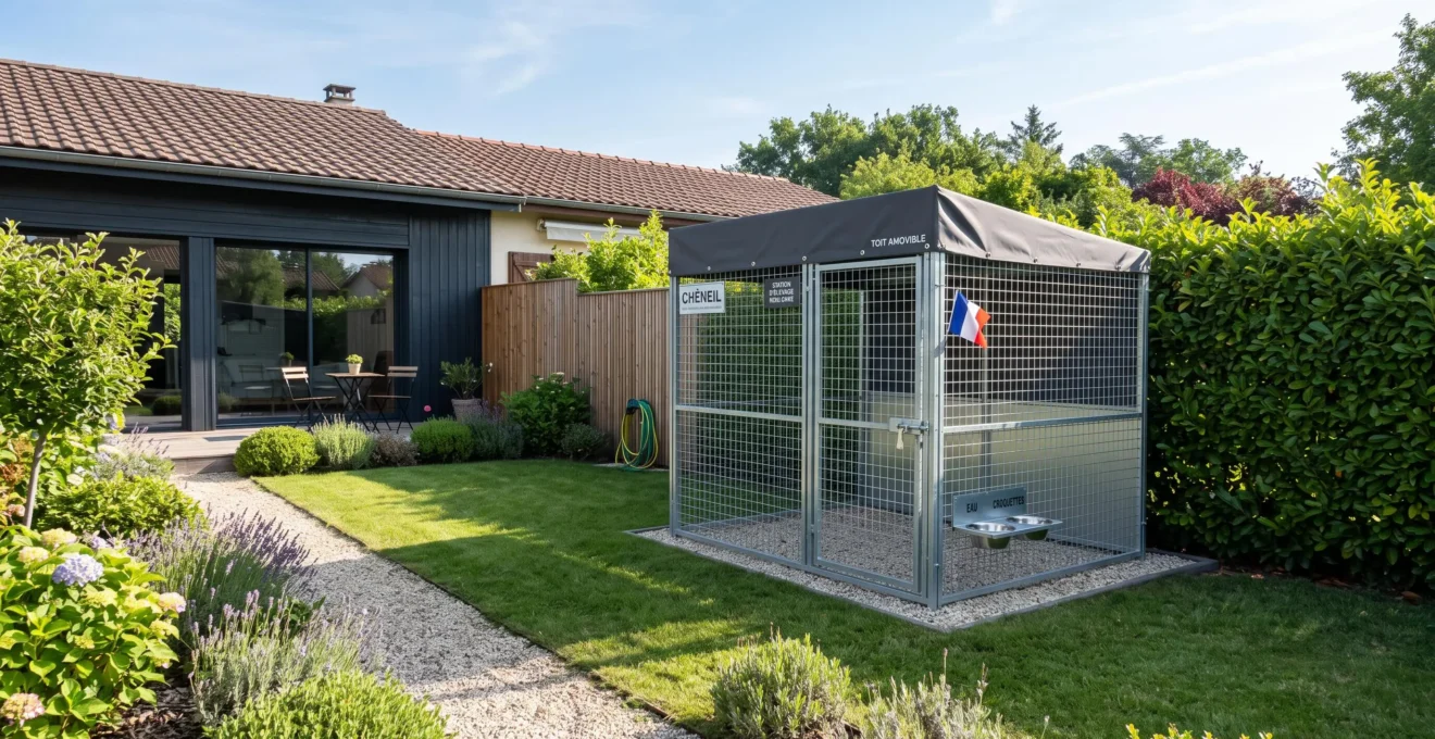 Chenil extérieur modulable avec toit de protection installé dans un jardin pavillonnaire français de taille moyenne, pelouse entretenue, haie et clôture en bois, maison contemporaine visible en arrière-plan, lumière matinale