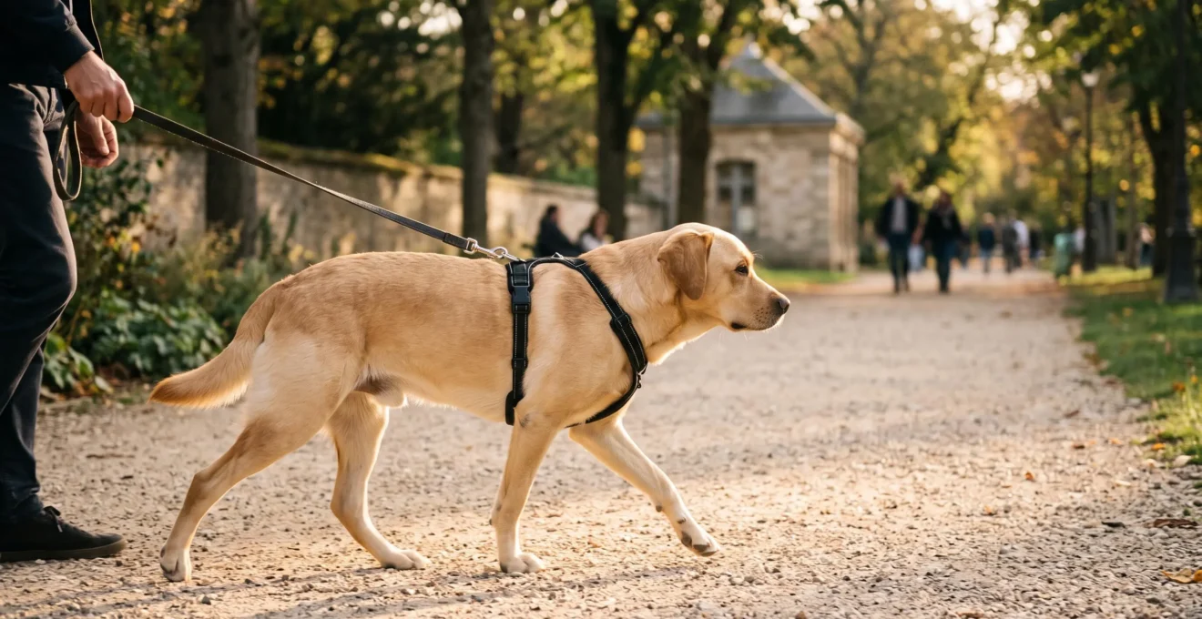 Chien de race moyenne portant un harnais noir ajusté, marchant calmement sur un sentier de parc aux côtés de son propriétaire dans une lumière douce de fin d'après-midi