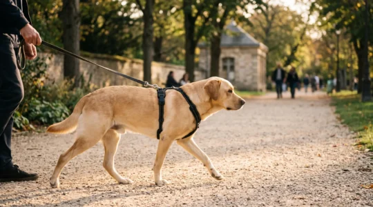 Chien de race moyenne portant un harnais noir ajusté, marchant calmement sur un sentier de parc aux côtés de son propriétaire dans une lumière douce de fin d'après-midi