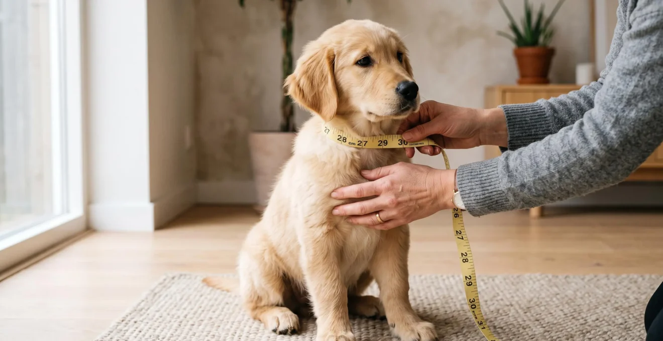 Mains d'un adulte mesurant délicatement le tour de cou d'un jeune chiot golden retriever assis calmement, à l'aide d'un mètre-ruban souple dans un intérieur contemporain lumineux