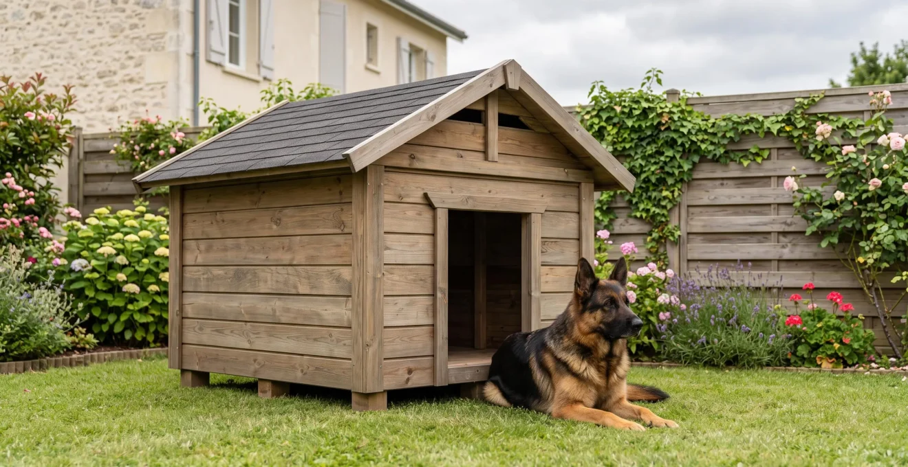 Niche en bois massif de grande taille avec toit incliné et pieds surélevés, installée dans un jardin résidentiel français, avec un berger allemand couché calmement à son entrée