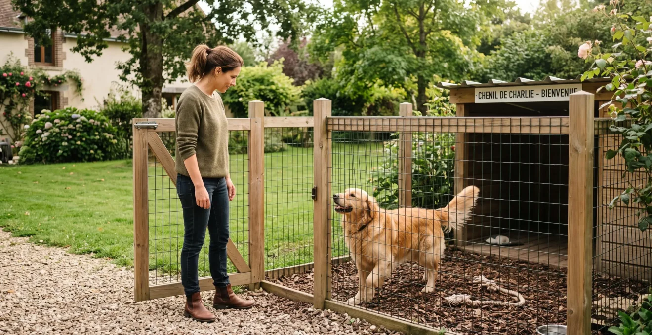 Propriétaire femme observant attentivement son Golden Retriever en mouvement à l'intérieur d'un chenil extérieur ouvert, jardin résidentiel français, lumière naturelle après-midi