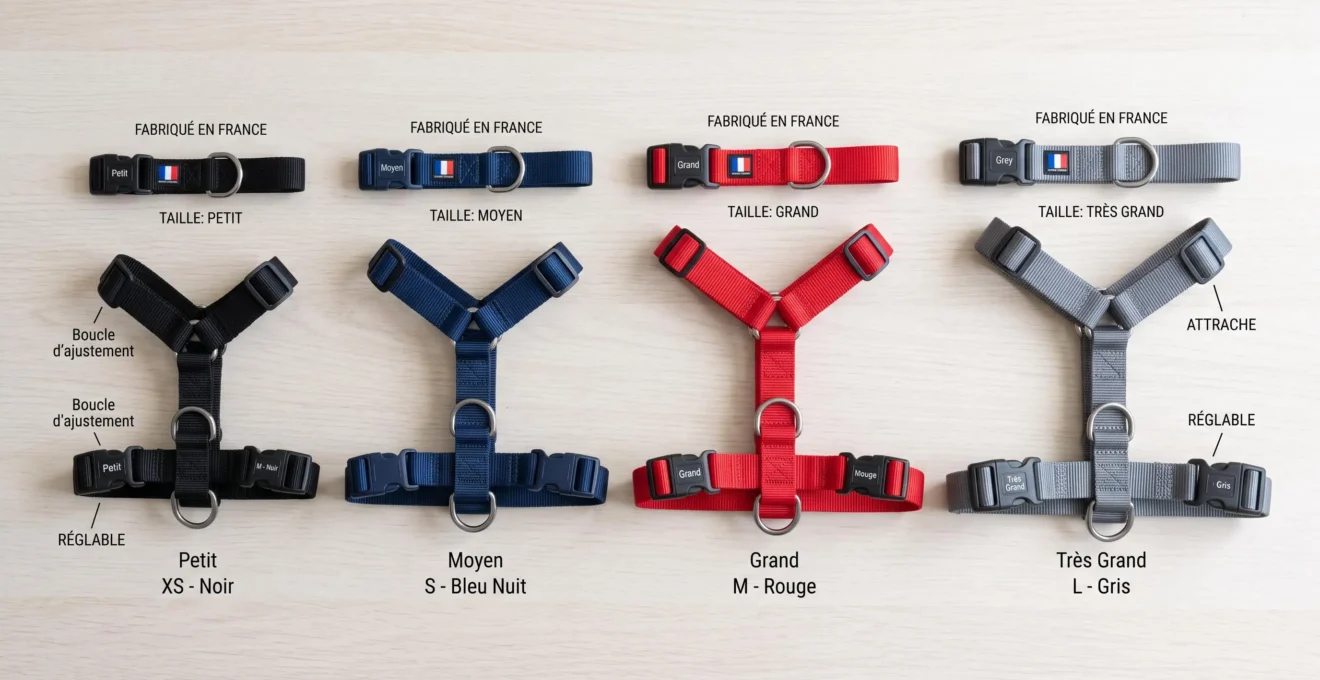 Vue de dessus de quatre harnais pour chiens de tailles croissantes disposés horizontalement de gauche à droite sur une surface en bois clair, chacun dans une couleur différente pour faciliter la distinction visuelle